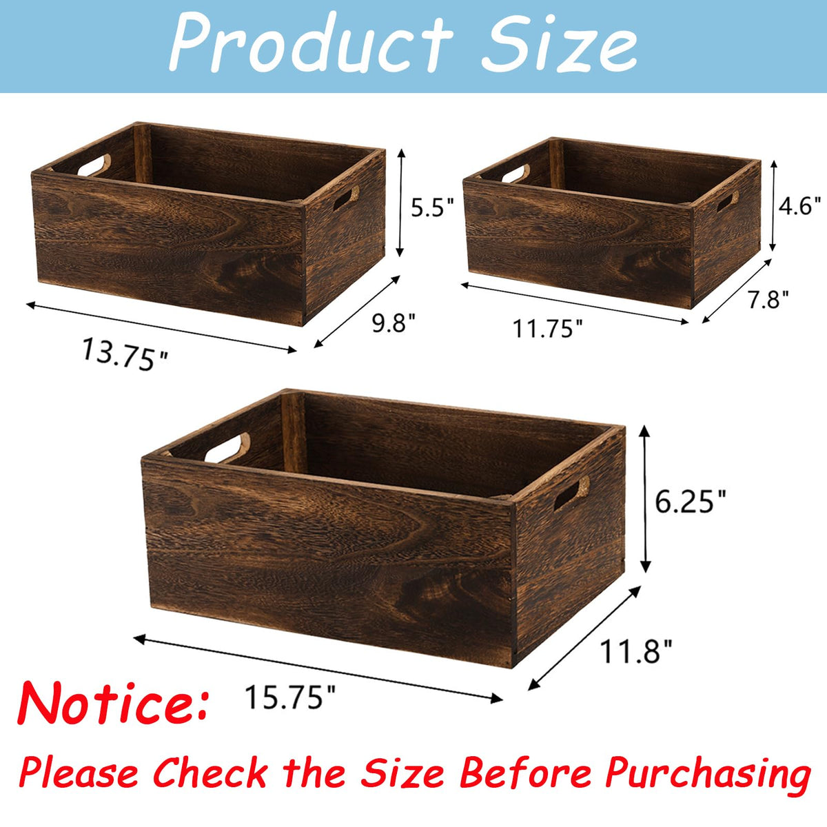 Frcctre Set of 3 Wooden Storage Boxes with Handles, Farmhouse Wood Decorative Boxes, Rustic Handmade Storage Containers, Natural Solid Wood Basket
