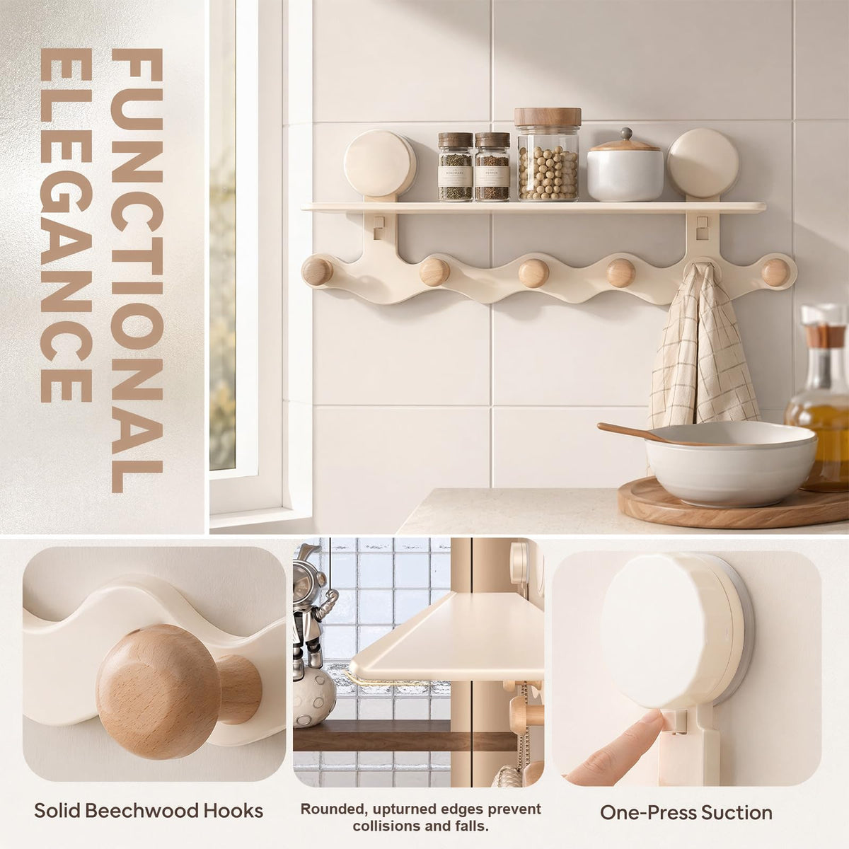 Coat Hooks Wall Mounted - Cream Coat Rack with Shelf & 6 Hooks, No-Drilling Suction Wall Mounted Jacket Hanger