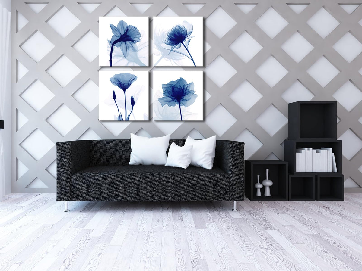 Wieco Art Large Blue Flickering Flower Modern Abstract Paintings Canvas Wall Art Grace Floral Pictures on Canvas Print 4 Panels Artwork for Living
