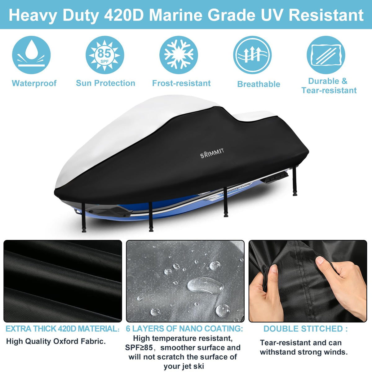 Boat Cover,Trailerable Jet Ski Cover 3 Seats,Heavy Duty 420D Oxford Fabric Motor Boat Cover Waterproof Marine Grade Anti-UV with 2 Air Vents and 4