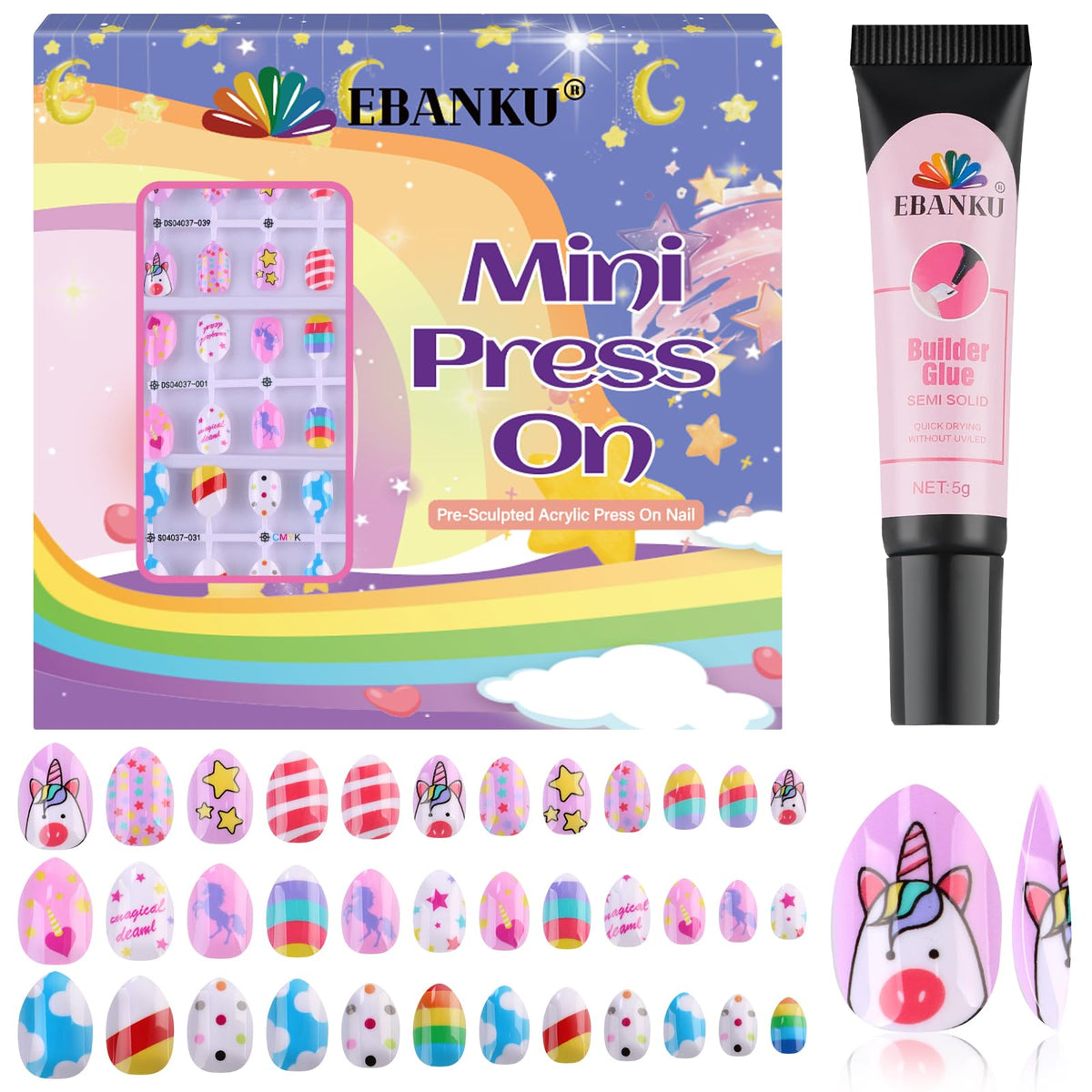 EBANKU Kid Press on Nails, 72Pcs Almond Fake Nails Kit Full Cover Colorful Cute Patterns Design Acrylic Nails with Nail Glue for Girl Halloween