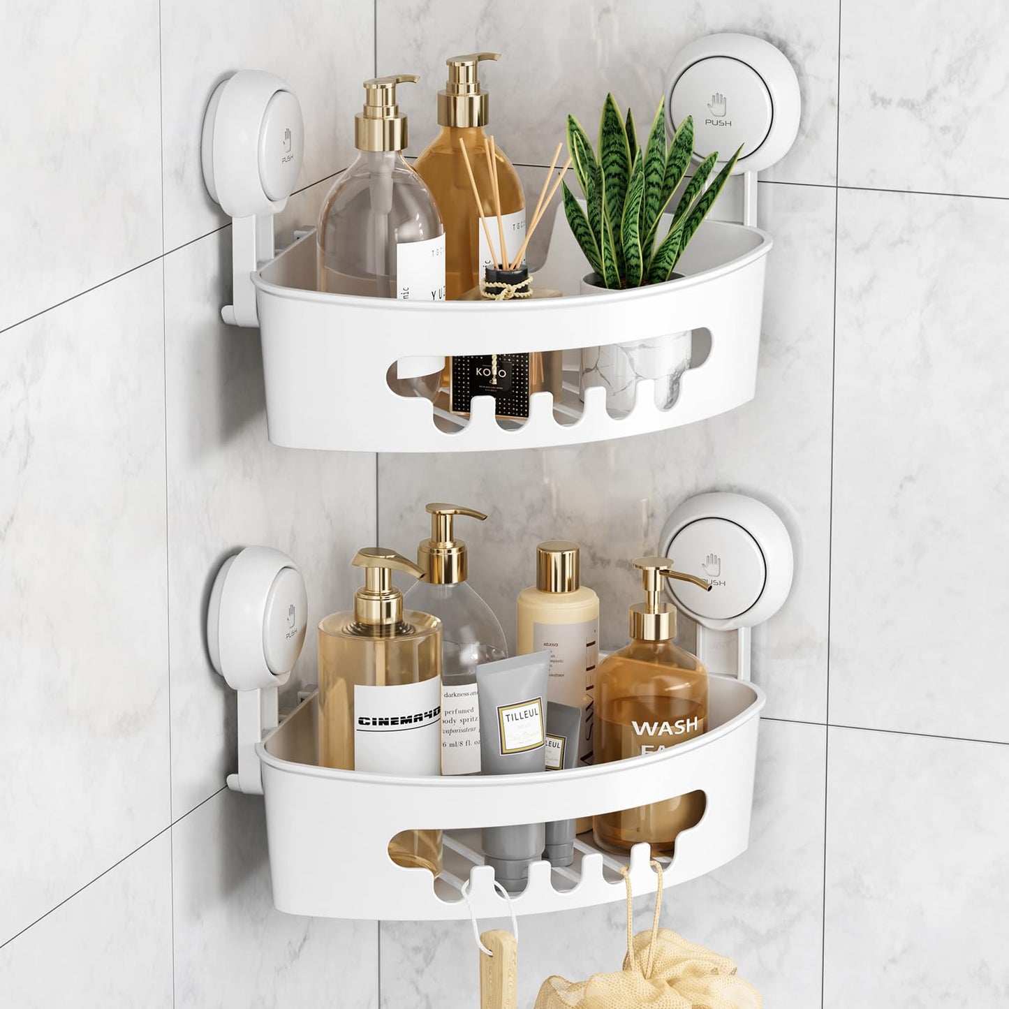 LEVERLOC Corner Shower Caddy Suction Cup 2 Pack Bathroom Triangle Shower Shelf No Drilling Rust Free Removable Waterproof Shelf Shampoo Organizer for