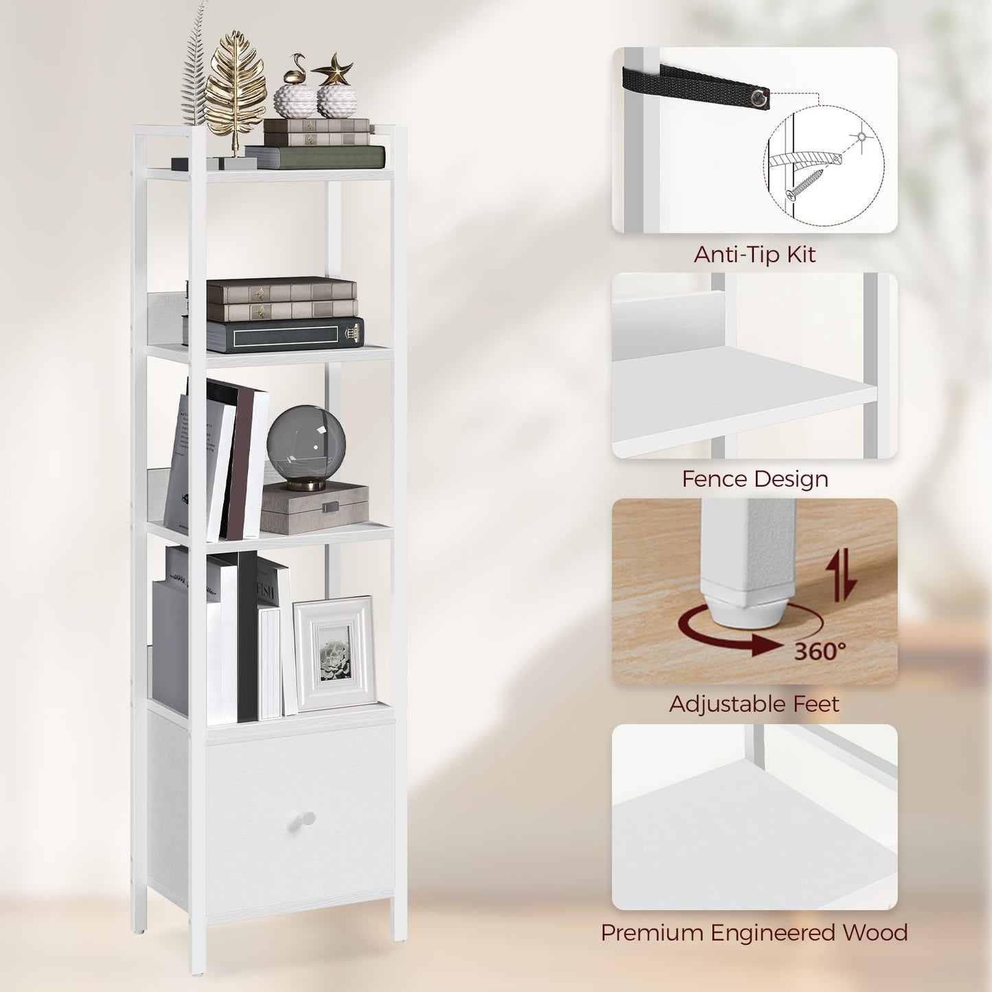 MAHANCRIS Bookshelf, 5-Tier Bookcase with Removable Drawer, Freestanding Book Shelf for Small Space, Storage Shelf Organizer, for Living Room