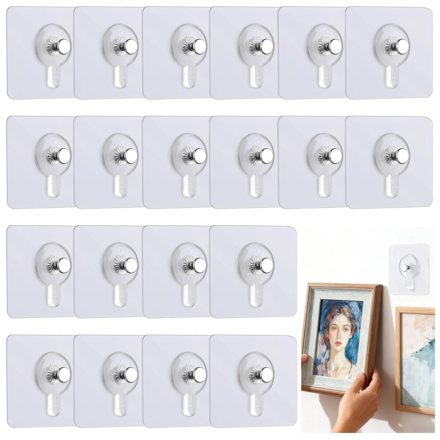 Solvayne 20Pcs Clear Adhesive Hooks for Damage-Free Wall Mounting, No Drilling Needed, Strong Hold for Frames & Decor