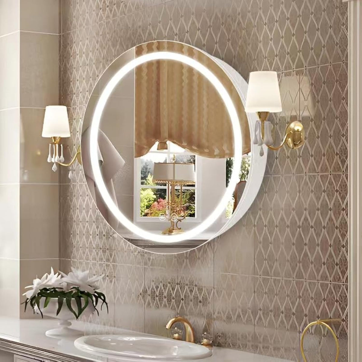 Janboe 66cm Round Mirror Cabinet with Lights,with Defogger,Dimmable,Anti-Fog,3 Colors,White
