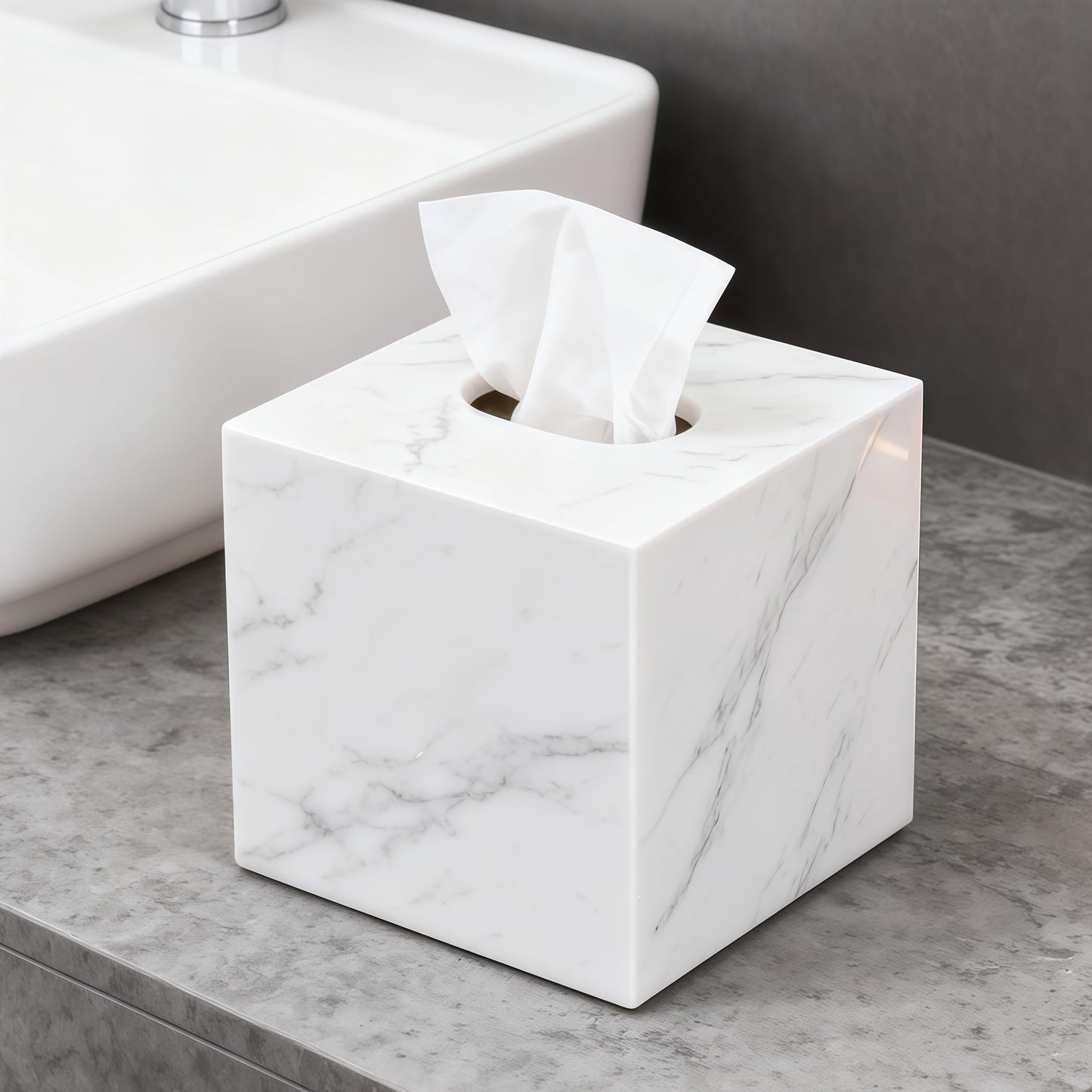 Tissue Box, 14.5 x 14.5 x 14.5 cm Tissue Box Holder Made of Natural Marble Square Paper Organizer with Open Acrylic Base and Silicone Mat for Home