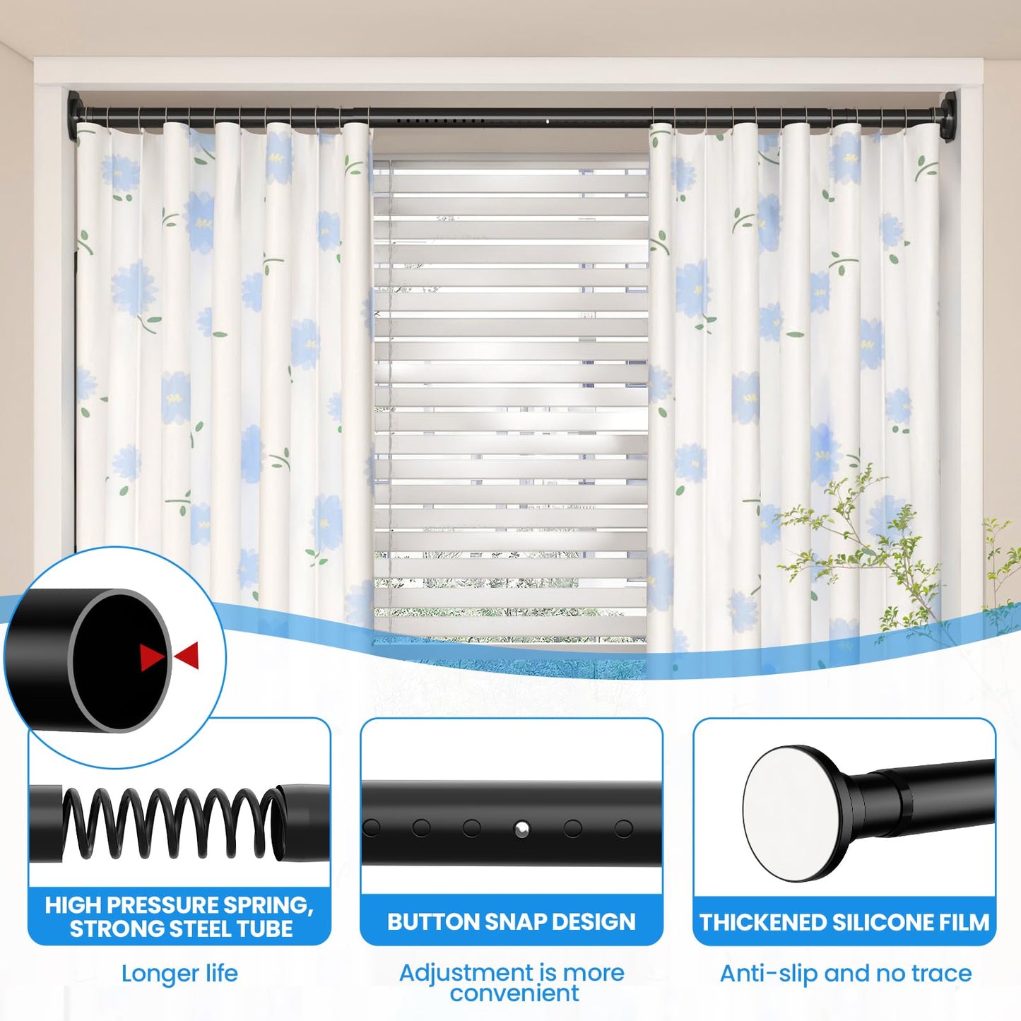 Extendable Φ32mm Curtain Poles 98-290cm Tension Rods with 2 Wall Base