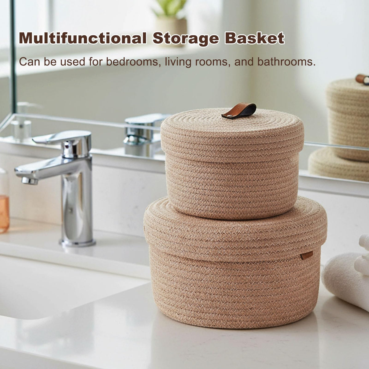 Set of 2 Storage Basket with Lid, Round Cotton Rope Decorative Basket with Leather Handles, Multifunctional Woven Baskets for Shelves, Bedroom