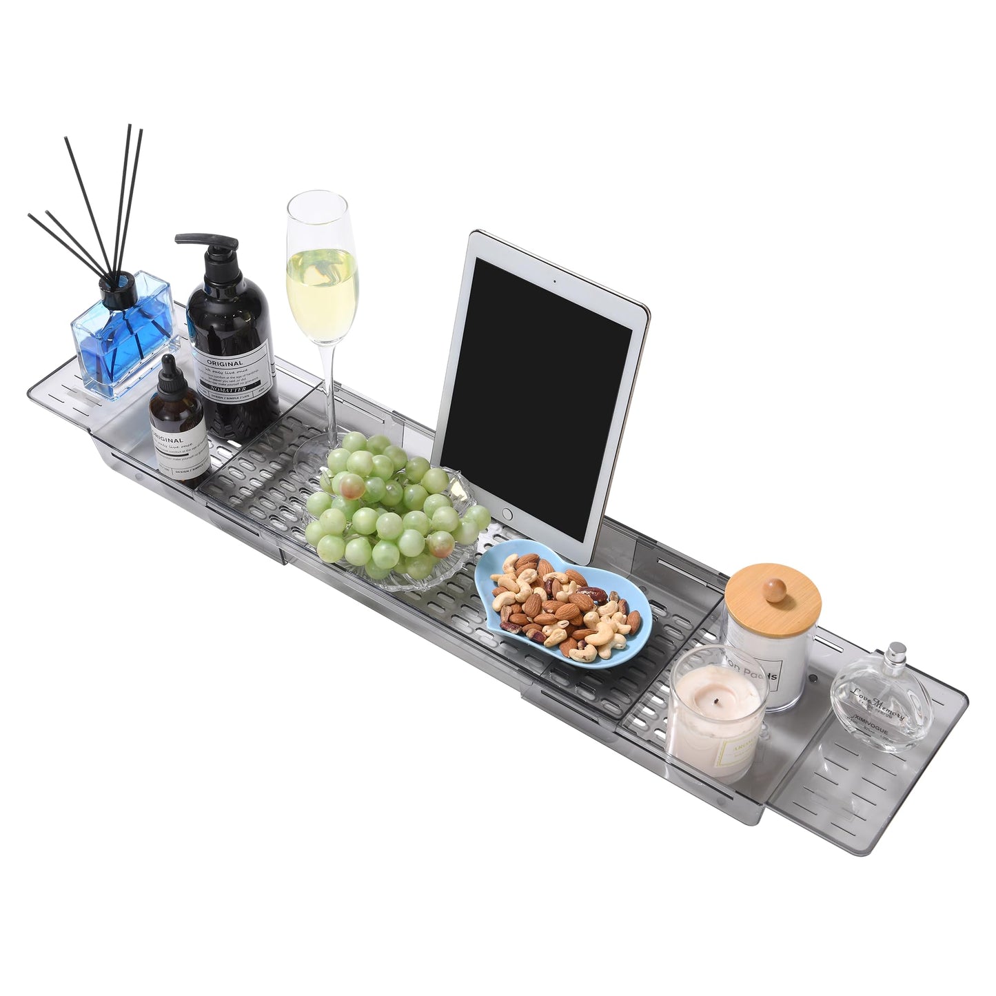 Koelaa Adjustable Bathtub Tray, Bath Rack Tray with Drain Holes, Bath Caddy Trays, Bathroom Accessories, Extendable Bathtub Trays with Non-Slip