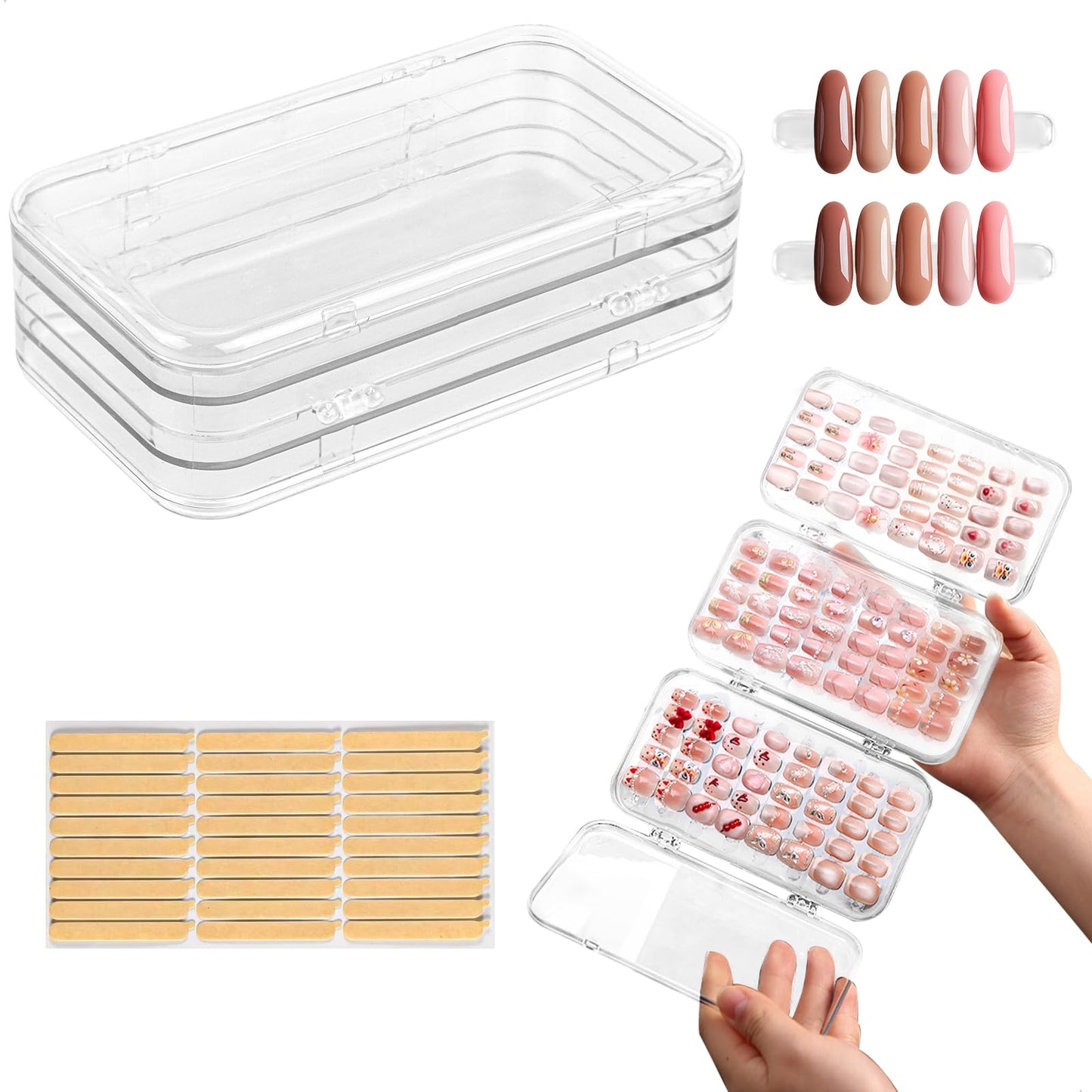 fuxunamz Nail Art Storage Box, Nail Accessories Transparent Display Storage Box, 3 Tier Foldable Nail Storage Box Set, for Press on Nails Storage