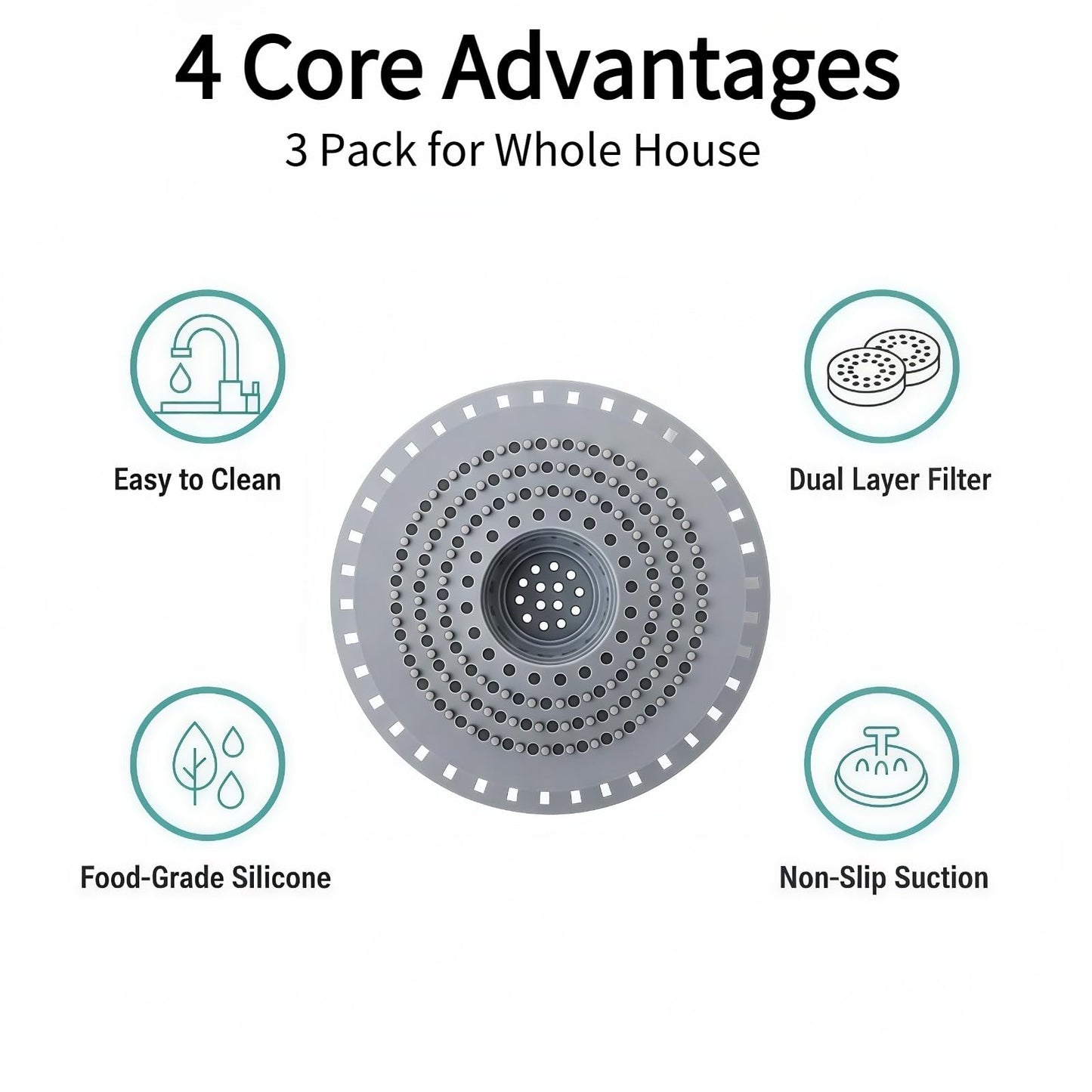 Silicone Hair Catcher, 3-Pack Shower Drain Cover with Suction Cups, Sink Strainer for Kitchen & Bathroom