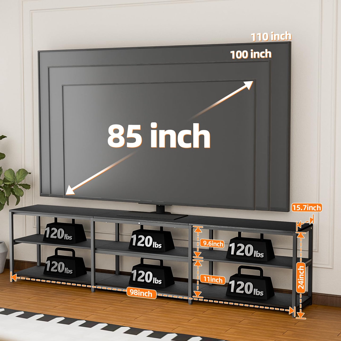 Aquzee 100 Inch TV Stand Cabinet, 249 cm Wide Large TV Unit for 85" - 110" TV, 3-Tier Wood TV Console Table with Open Storage Shelves