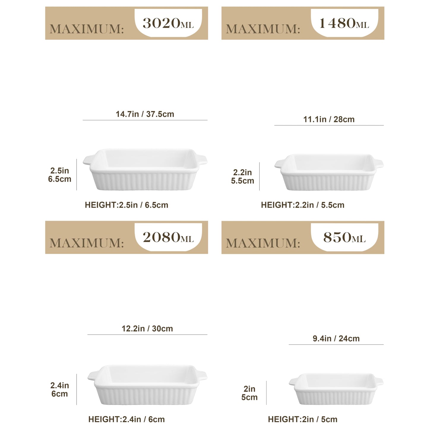 MALACASA, Series Bake, Rectangular Baking Dish Set of 4 (9"/11"/12"/14"), Oven to Table Baking Dish with Ceramic Handles Ideal for