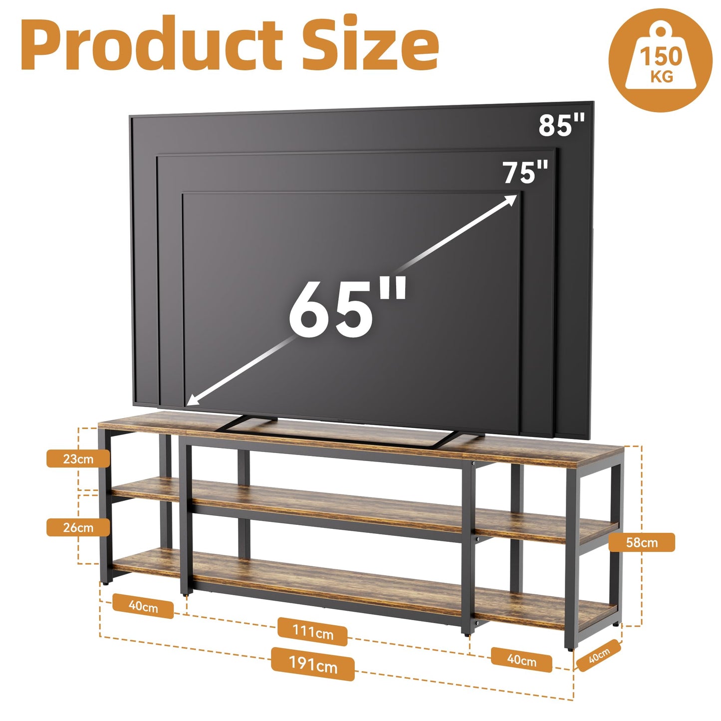 Aquzee 85 Inch TV Stand, 191 cm Long TV Unit, 40D x 191W x 58H cm, 3-Tier Large TV Cabinet with Open Storage Shelves