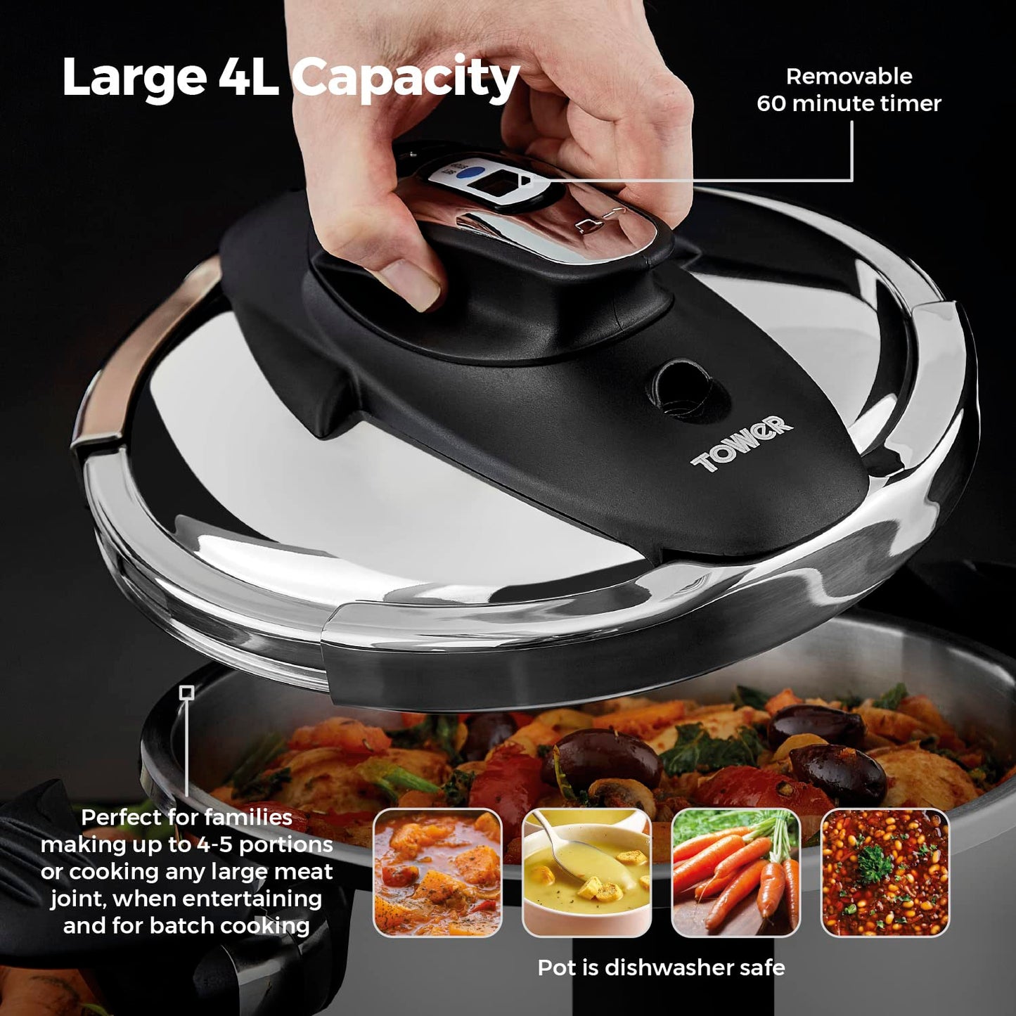 Tower T920002 One-Touch Ultima Pressure Cooker with Detachable 60-Minute Timer, 4L, Stainless Steel
