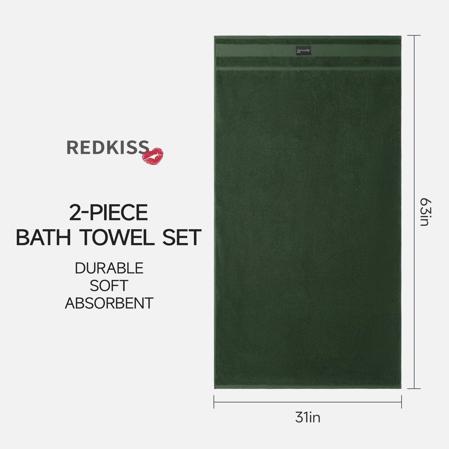 REDKISS 2-pack Dark Green Large Bath Towels-160 x 80CM Cotton Luxury Towel