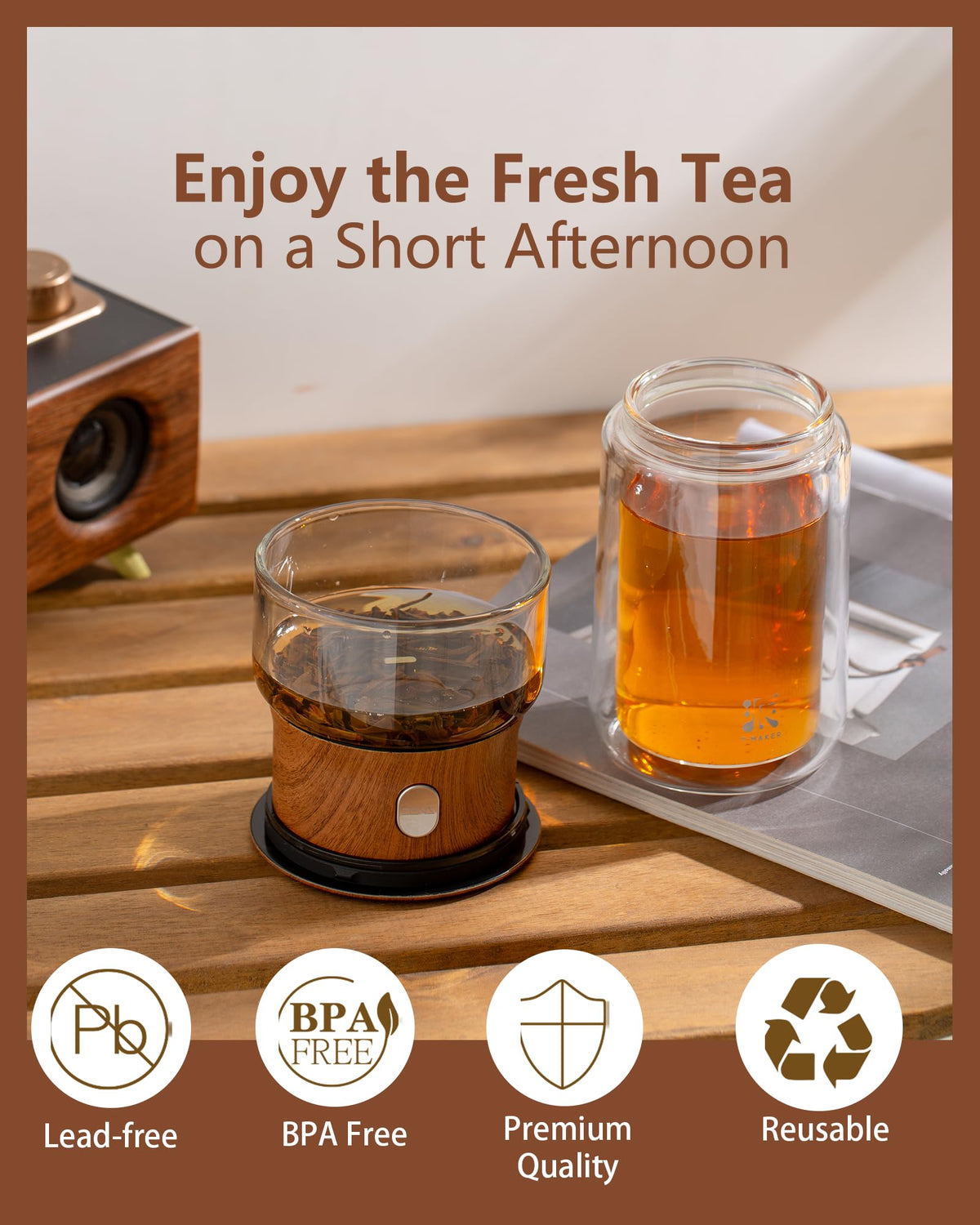 ZENS Modern Solo Tea Infuser Teapot, Smart One Touch Drip Tea Pot for Loose Tea Diffusers, Small Glass Gongfu Magical Teapot with 270ml Insulated Cup