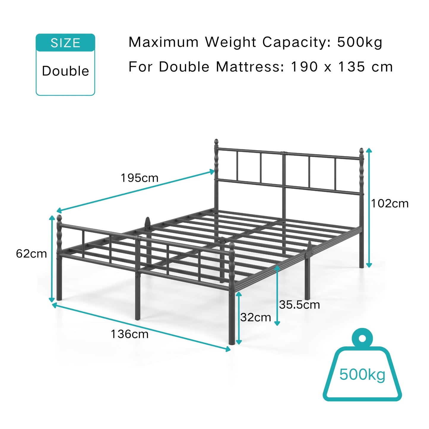 Hunlostten Double Metal Bed Frame - Modern Style Bed Frame with Headboard and Footboard Easy to Install, Noise Free, Sturdy, Black, 35.5 cm High