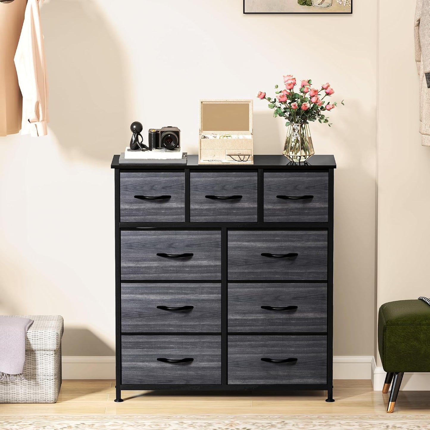 DWVO Chest of Drawers,Fabric Chest of Drawers Bedroom Cabinet with 9 Drawers,Dresser for Bedroom,Living Room With Handles,Wood Top and Sturdy Steel