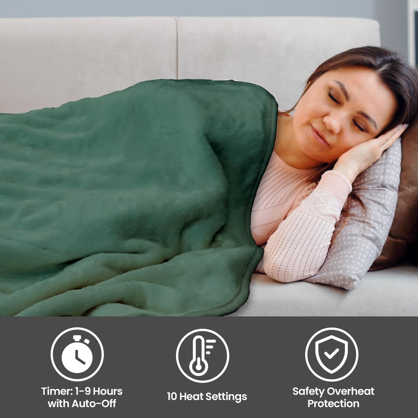Schallen 120x160cm Soft Heated Warm Throw Over Blanket with Timer and 10 Heat Settings (Forest Green)