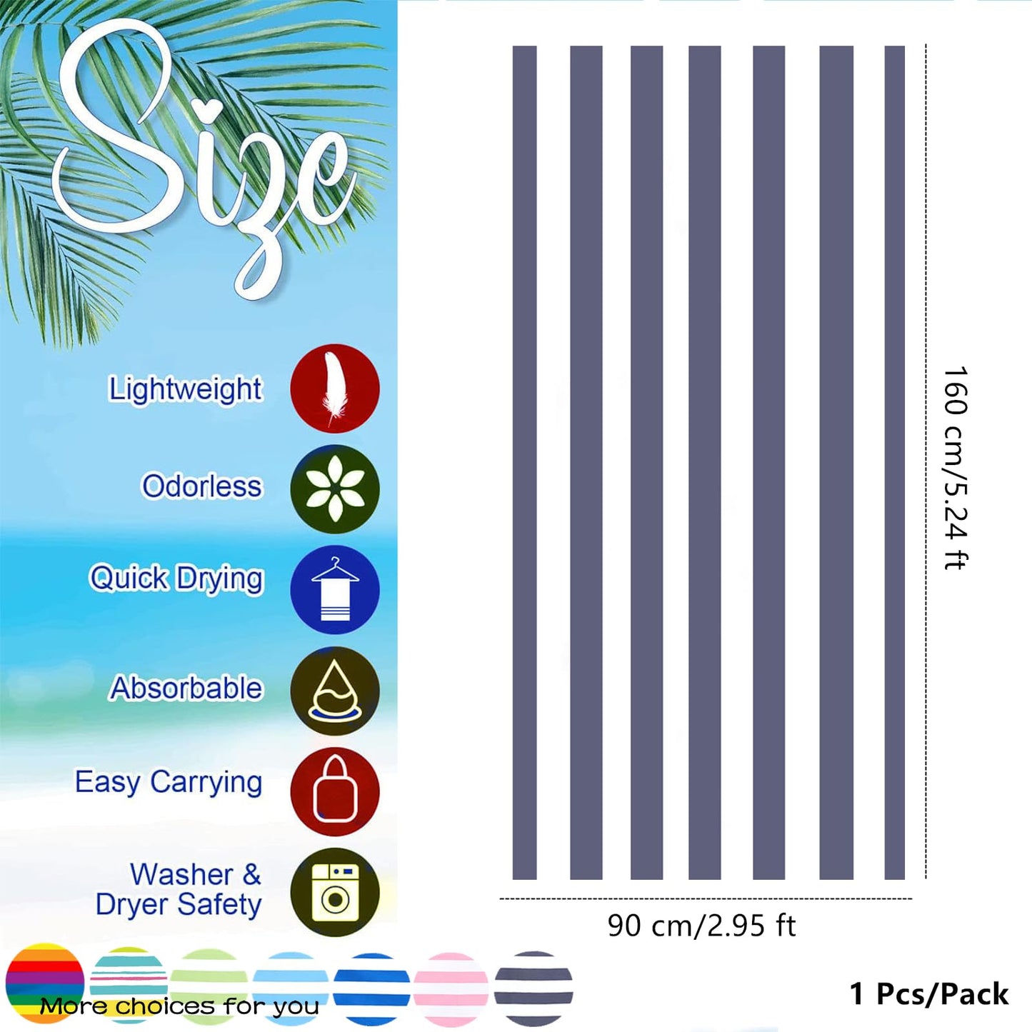 Large Microfibre Beach Towel for Adult,160x90cm Double Sides Gray Striped Sand Free Beach Towel,Lightweight Quick Dry Travel Swim Towel with