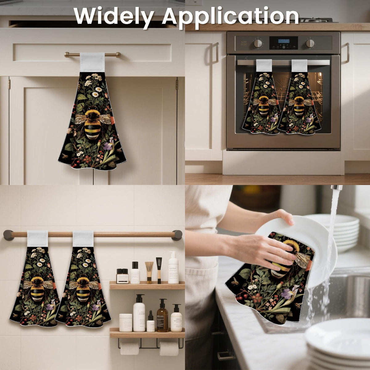 CUTHOLLOW 2 Pcs Bees and Flower Hanging Kitchen Towels with Loop