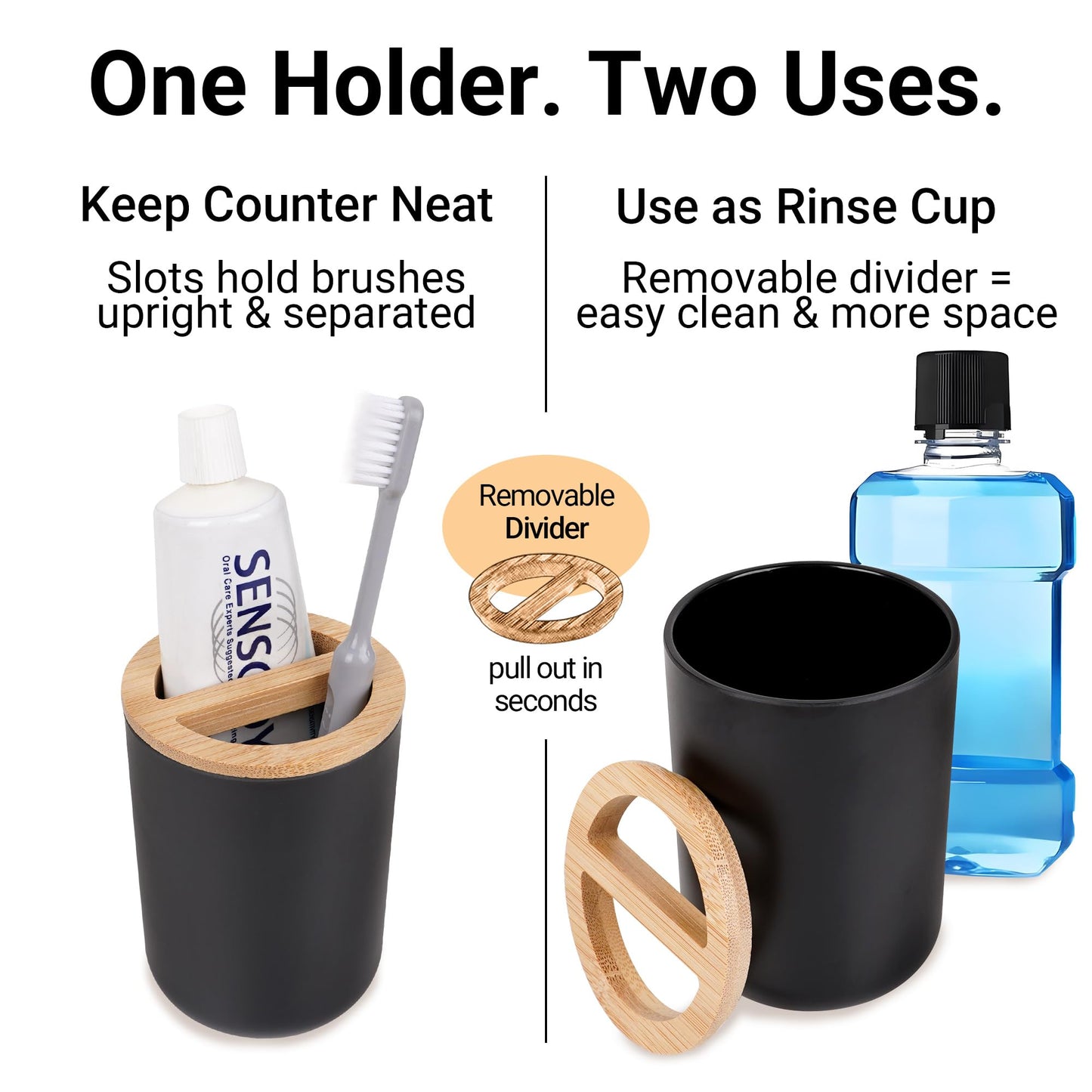 Adorila Black and Wood Toothbrush Holder - Round Bamboo & Plastic Bathroom Organizer - Small Toothpaste Caddy - Modern Decor