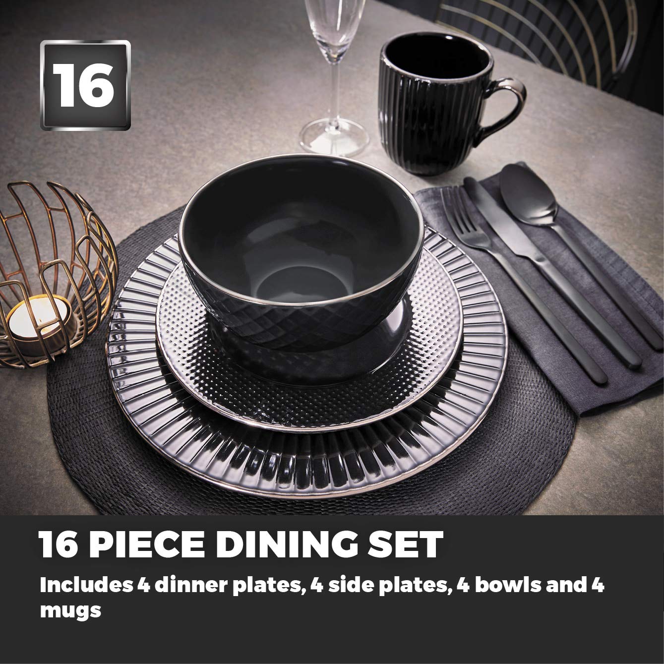 Tower T867002BLK Empire 16 Piece Dinnerware Set, Stoneware, Black and Brass
