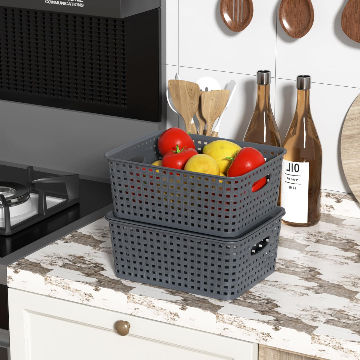 Lesbin 6-Pack Lidded Storage Baskets, ‌Weave Baskets with Lids, Gray