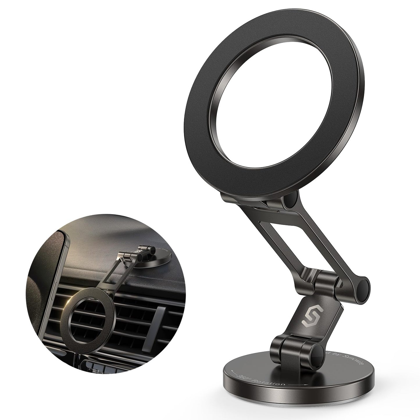 SYNCWIRE Fits MagSafe Car Mount, [Flexible Three-axis] Magnetic Car Phone Holder 360? Rotation[All Metal Body] Car Holder Strong Magnets Dashboard