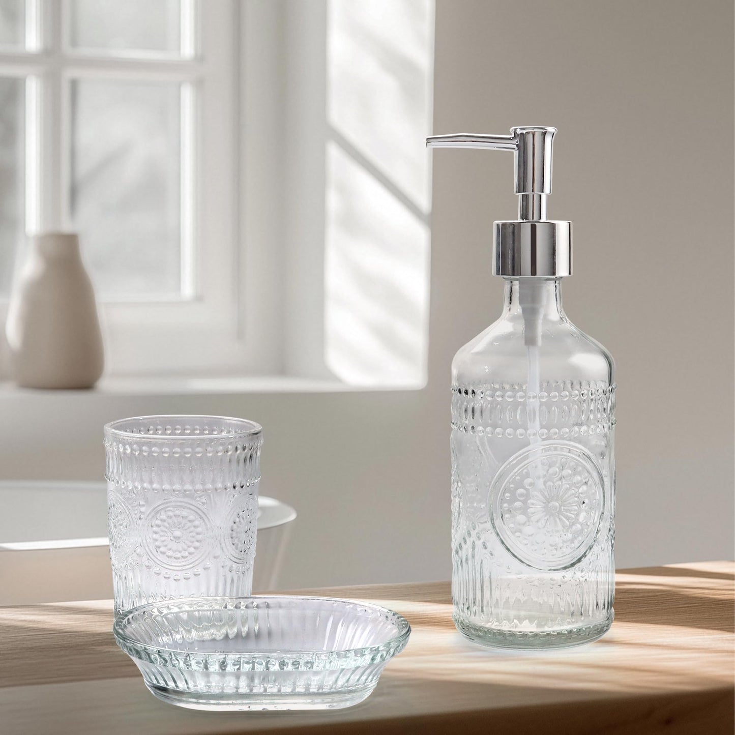 FEILANDUO 3Pcs Glass Bathroom Accessories Set, Lotion & Soap Dispenser, Toothbrush Holder, Soap Dish, Modern Bathroom Countertop Decor for Home