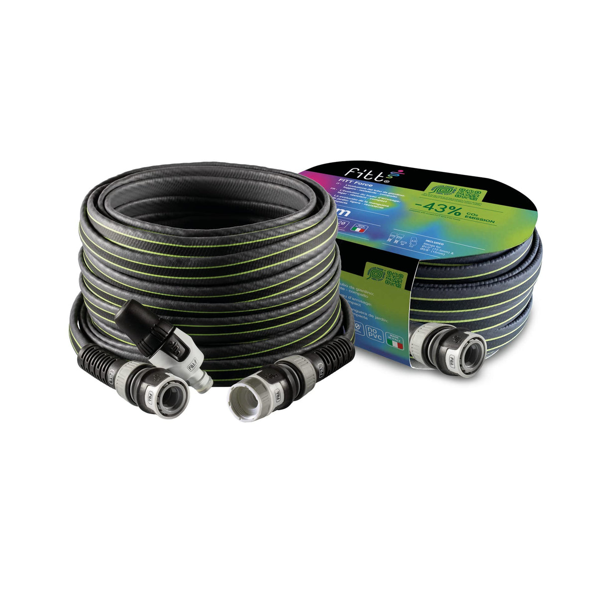 FITT Force 30m, Water Hose for Garden Irrigation, Light, Resistant and Compact, for Intensive Use, with Nozzle, Colour Grey-Lime, -43% CO2e