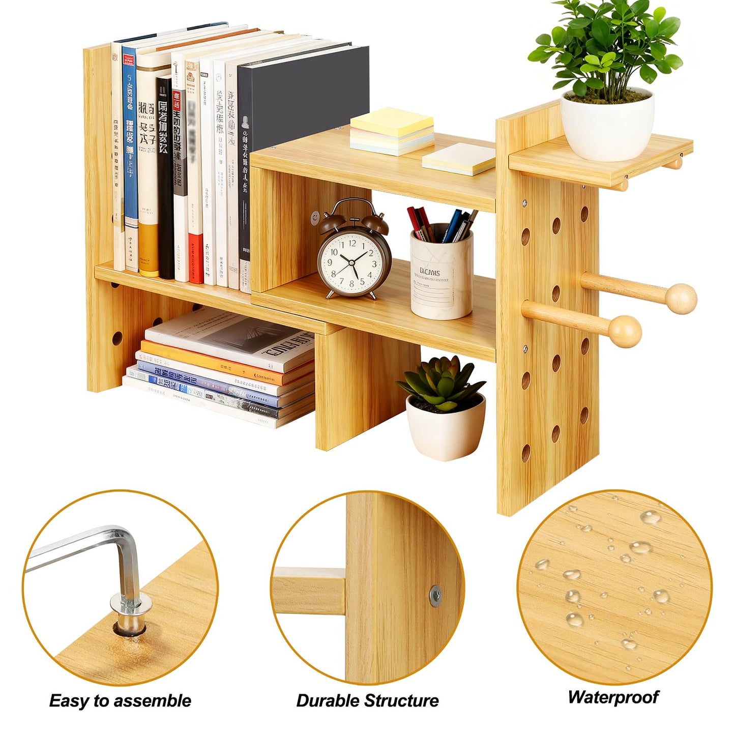 JIIKOOAI Desk Storage Organizer, Desktop Display Shelf Rack, Bamboo Rustic Bookshelf for Office & Home, Expandable Desktop Storage Rack