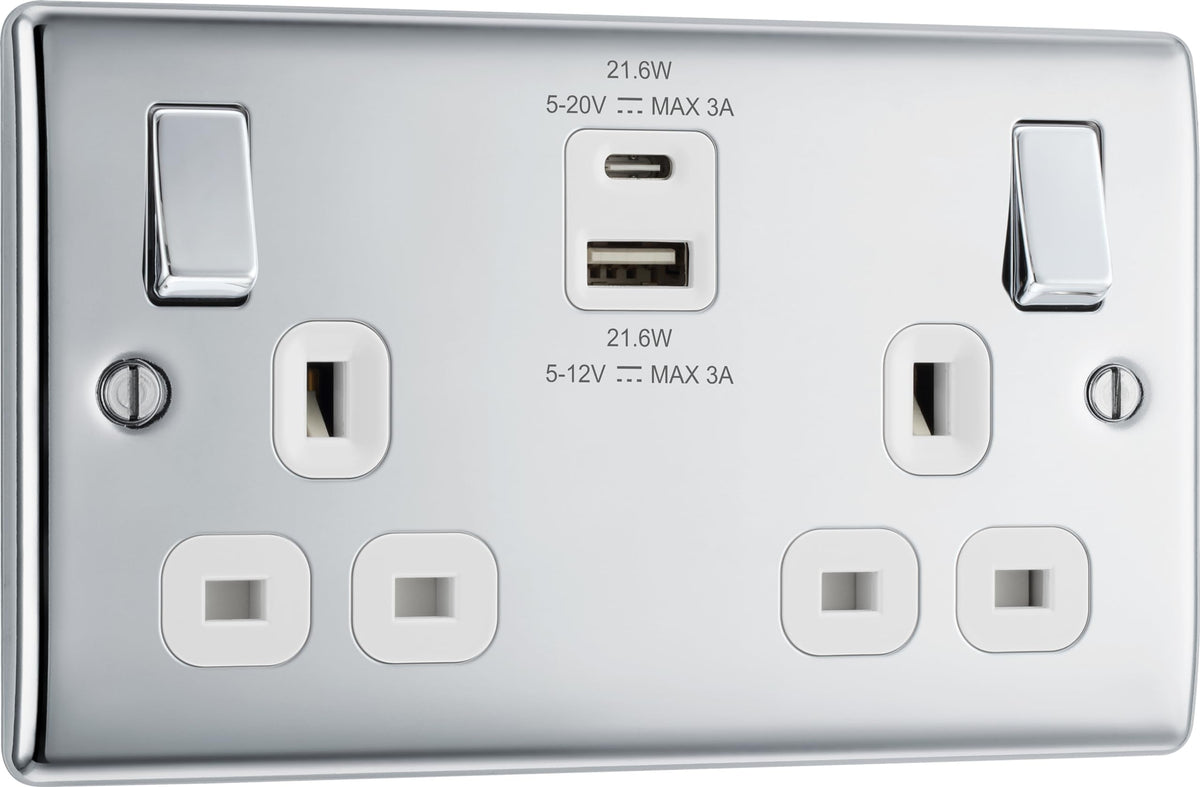BG Electrical 22W Double Switched Wall Plug Socket with Fast Charge Type A & C USB Charging Ports, Nexus Metal, Polished Chrome, Black Inserts, 13A,
