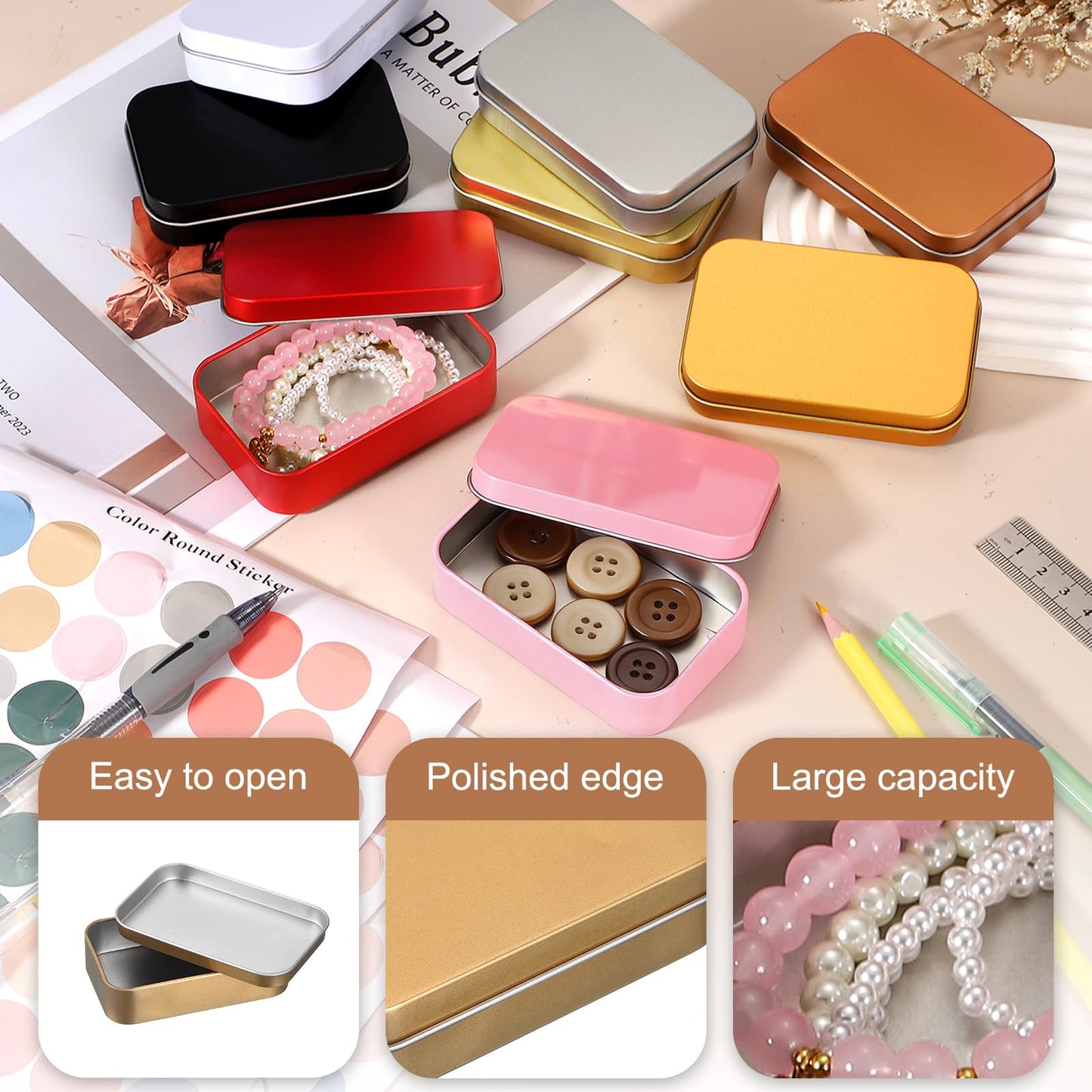 sourcing map 2Pcs Metal Tin Box Container, 3.7x2.4x0.9 Rectangular Empty Box with Self Adhesive Colored Stickers