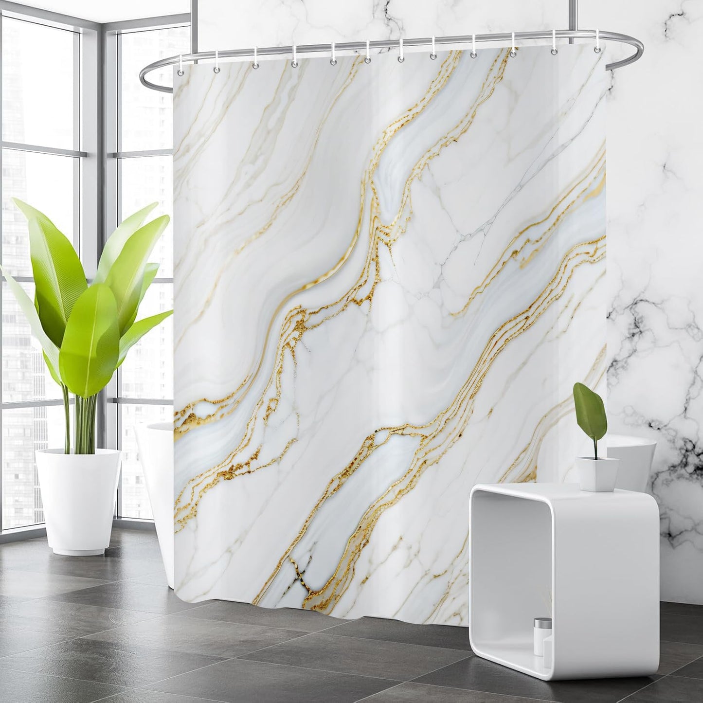 GCIREC Shower Curtain, 180x200cm, Gold and White Marble Modern Crack Luxury Texture Ink Waterproof Fabric Machine Washable Bathroom Curtain with Hooks
