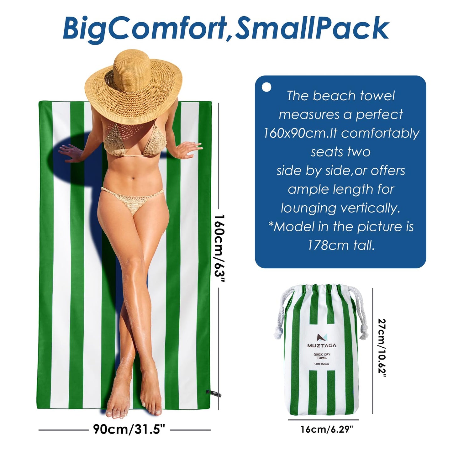 Muztaga Microfibre Beach Towel - Sand Free, Quick Dry, Large 160 x 90 cm Striped Pool Towels for Adults & Kids