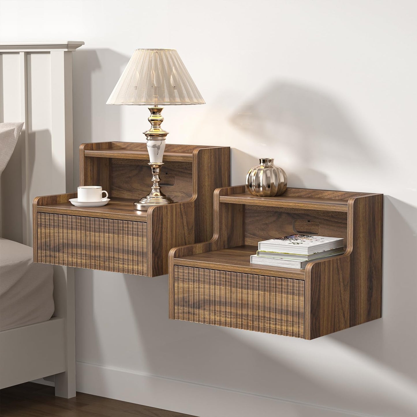 Skokliz Floating Bedside Table Set of 2, Wall Mounted Nightstand with Drawer and Open Shelf, Walnut Side Table Bedroom