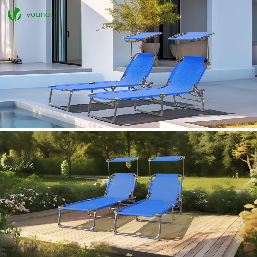 VOUNOT? Folding Sun Loungers Set of 2, Textilene Reclining Sunbed with Adjustable Backrest & Sunshade for Garden, Beach, Patio, Pool, Camp, Load 110