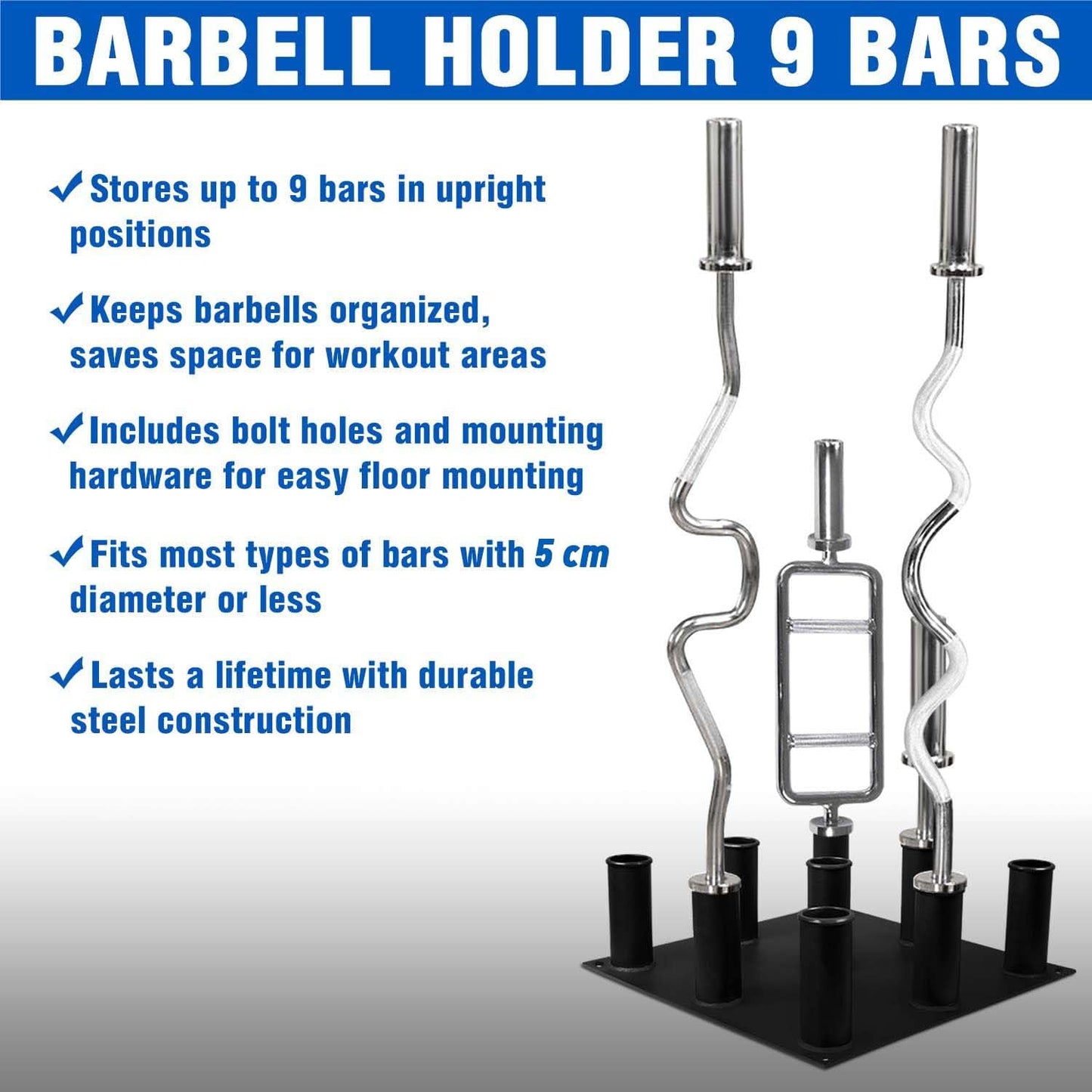 Yes4All Vertical Barbell Holder Stand - Barbell Rack Stand For Olympic Bar - Optional: Barbell Storage for 5 Bars or 9 Bars
