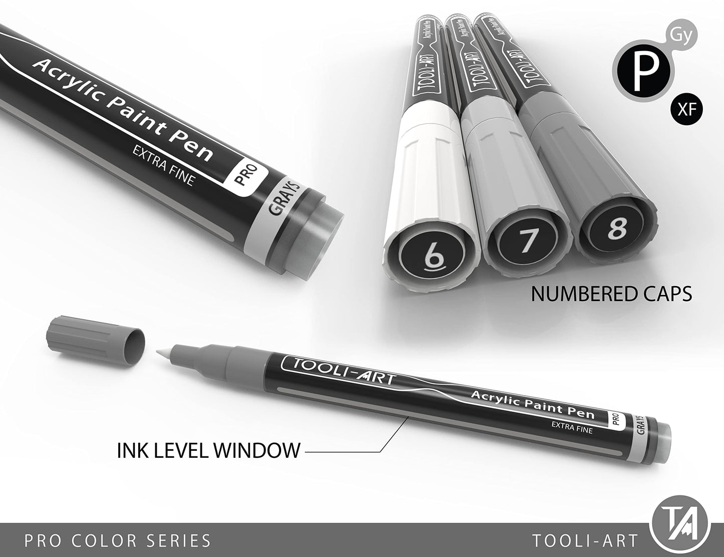 Acrylic Paint Pens 22 Gray Tones Assorted Pro Colour Series Markers Set 0.7mm Extra Fine Tip for Rock Painting, Glass, Mugs, Wood, Metal, Canvas,