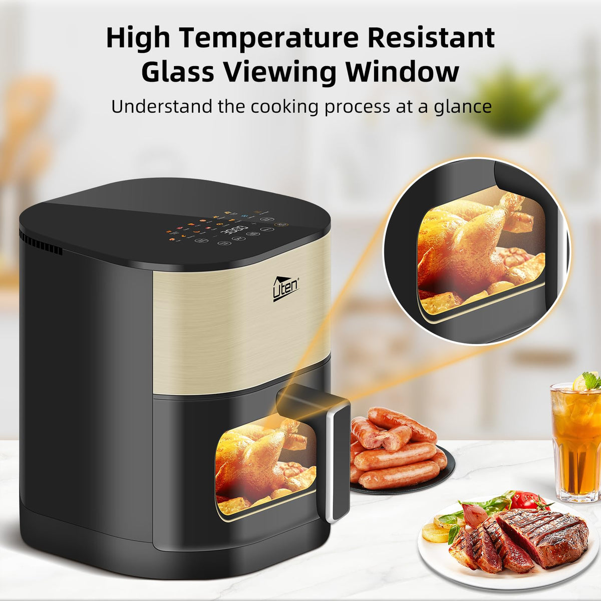 Uten Dual Blaze Air Fryer 5.5L Visual Window, Color Screen, 14 Pre Menus, Delayed Start, Stainless Oil Net, 2 Fast Heaters Independently Controllable,