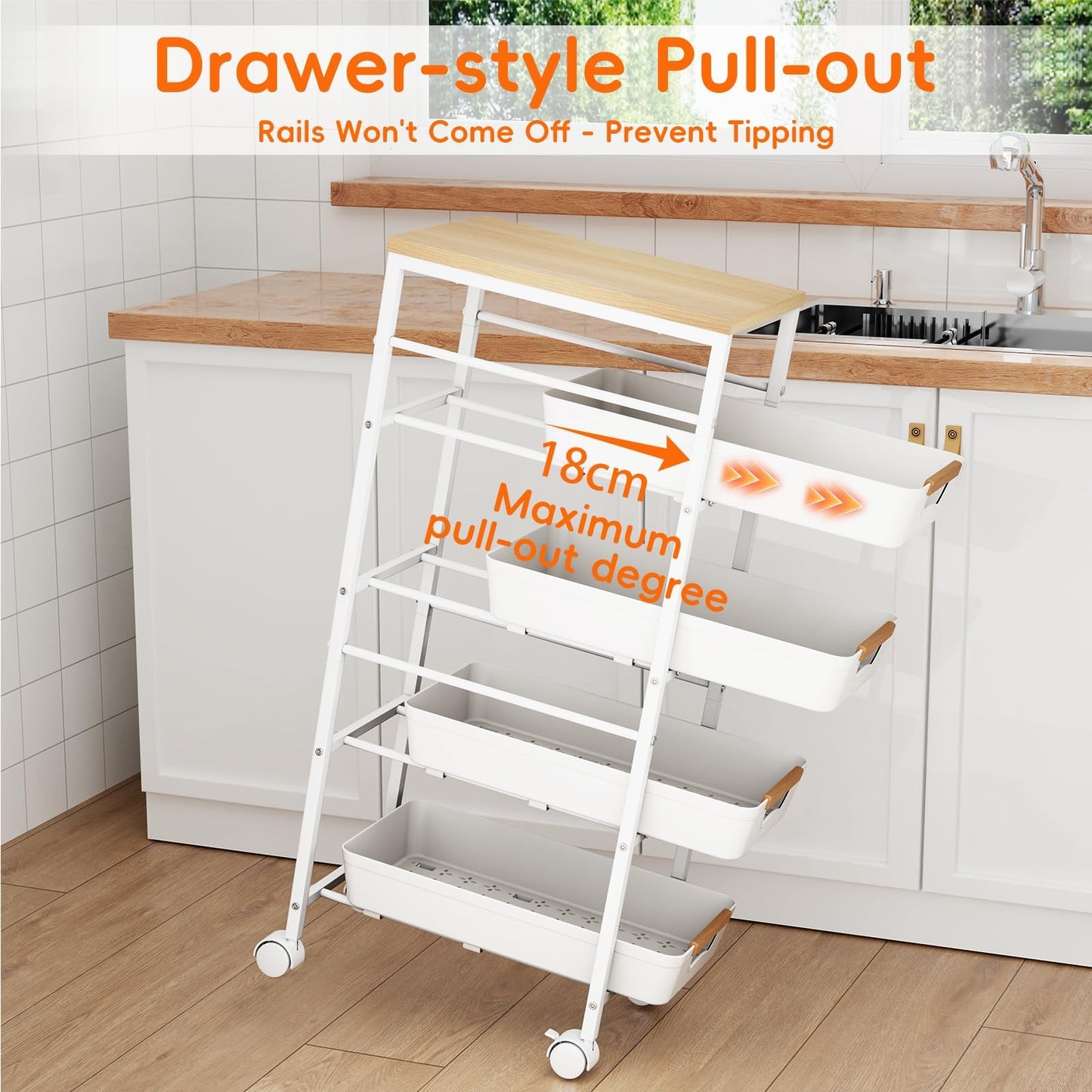 Uwoodia 5-Tier Slim Storage Trolley on Wheels, Metal Kitchen Rolling Cart with Pull-Out Baskets