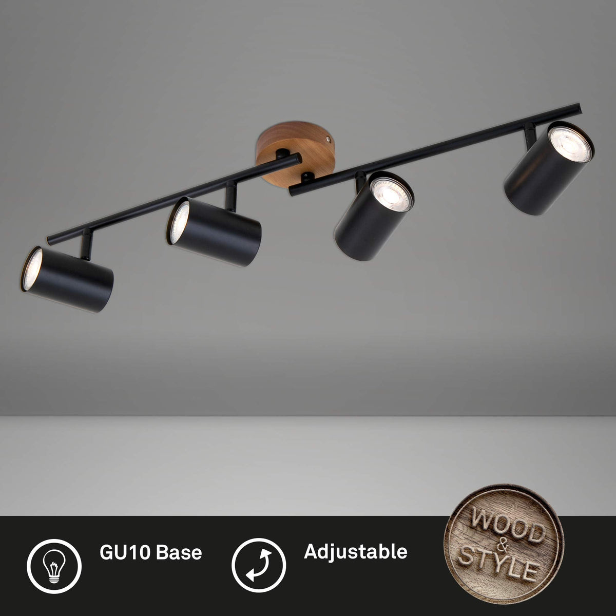 Briloner Leuchten 2920-045 Spotlight, Retro, Vintage Ceiling Light, can be rotated and swivelled, 4X GU10, Metal and Wood, Black, 682 x 90 x 145 mm (L