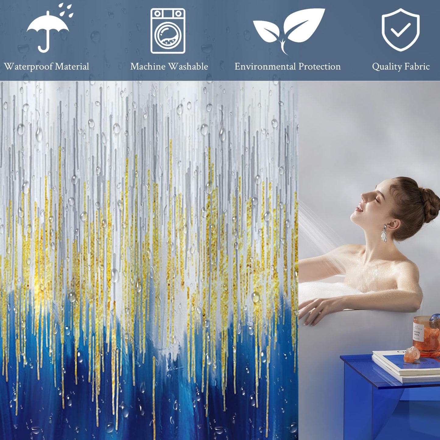 Lirzxin Shower Curtain for Bathroom, Waterproof Shower Curtains Polyester Abstract Geometric Stripes Gradient Theme Modern Thick Mildew Resistant