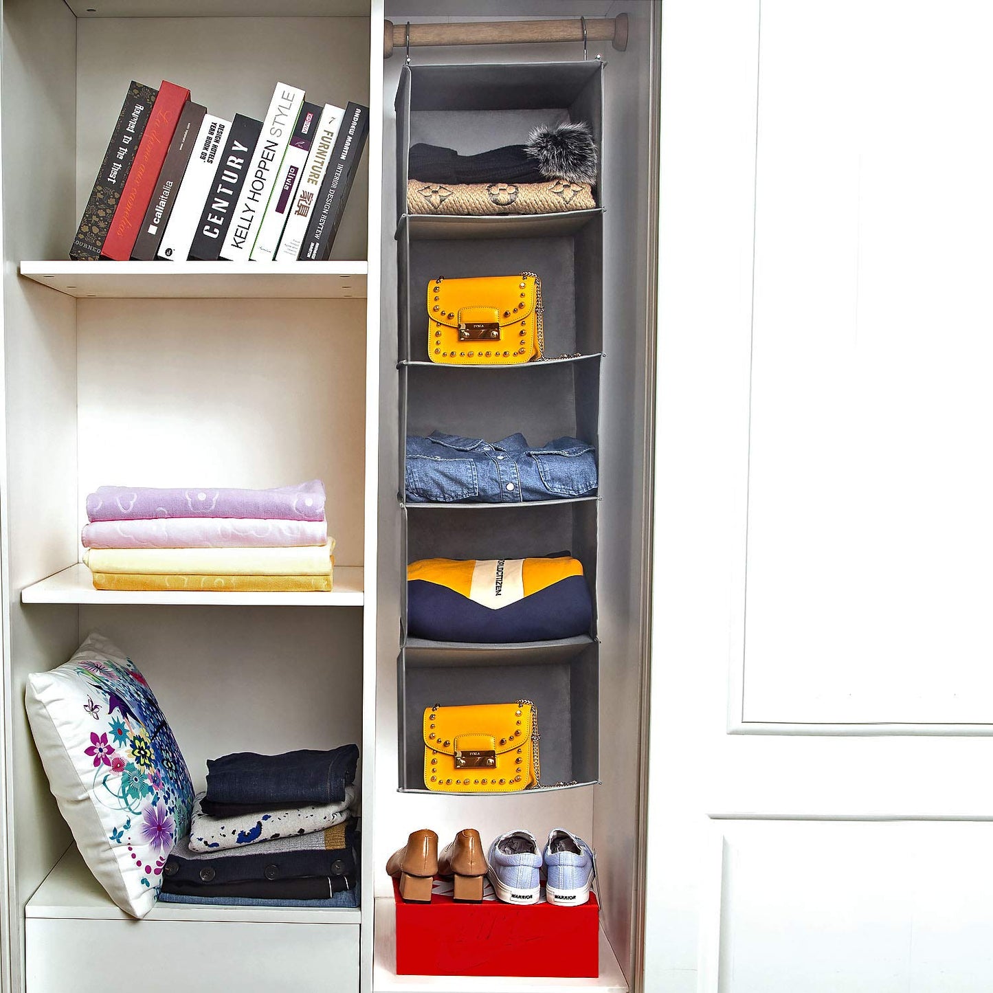 BrilliantJo Hanging Storage with 5 Shelves Set of 2 Wardrobe Closet Organiser, Storage Shelves Unit with 6 Pockets for Clothes - Grey 108H x 30W x 30L