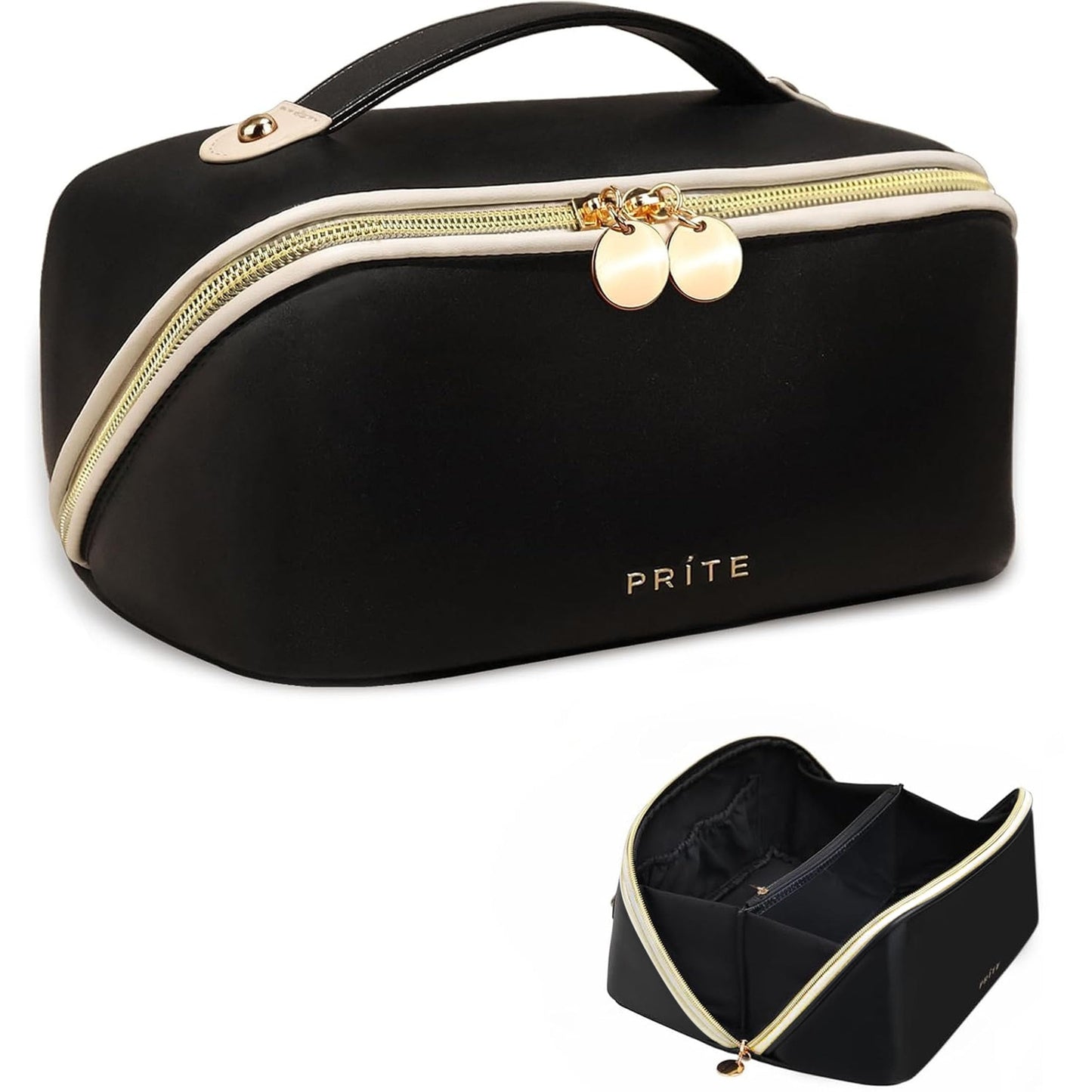 Prite Large Capacity Makeup Bag Portable Travel Cosmetic Bag Waterproof Toiletry Case with Clear Divider and Handle (Black L)