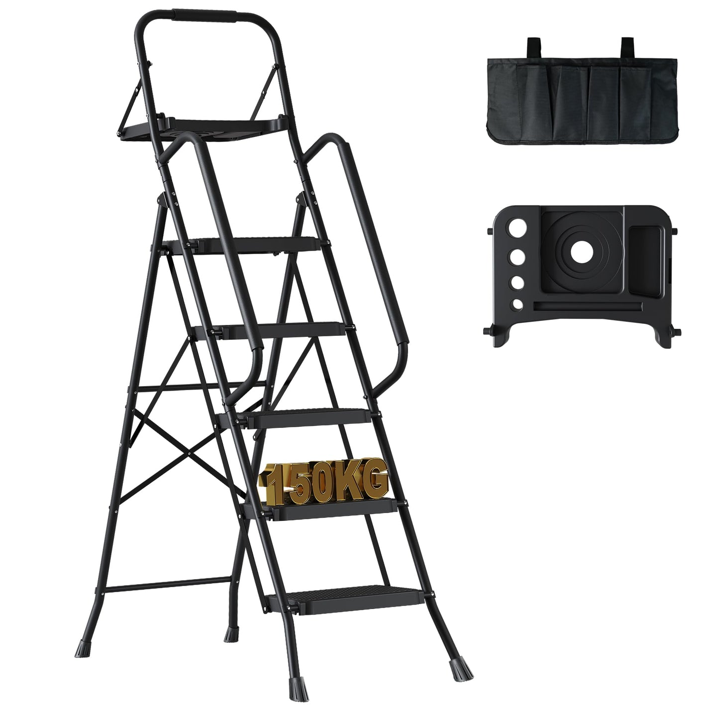 BONTEC 5 Step Ladder with Tool Bag and Tray, Folding Step Ladder with Wide Anti-Slip Pedals, Handrails and Soft Grip, Foldable Metal Step Stool for