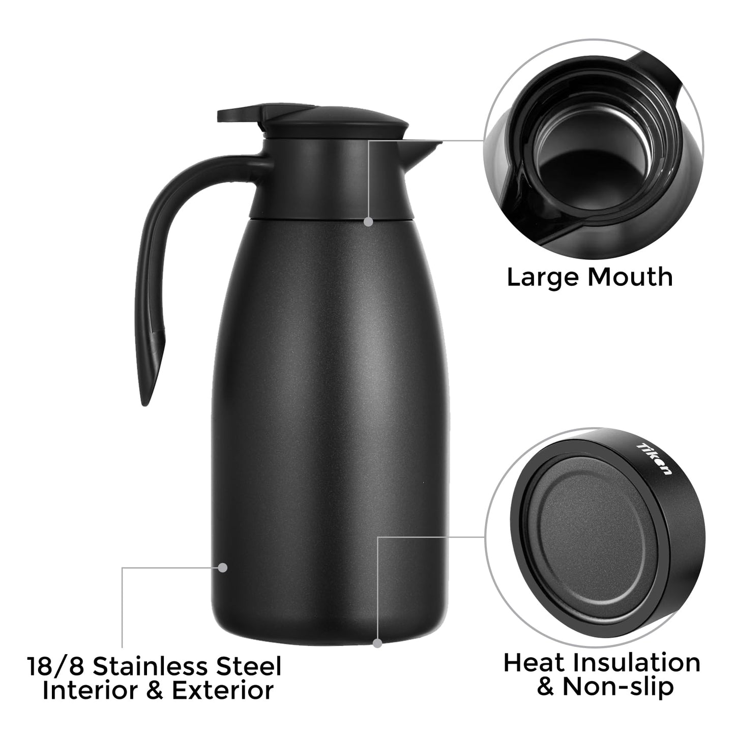 Tiken 2.5L Thermal Coffee Carafe Jug, Stainless Steel Insulated Vacuum Coffee Pot Flask for Tea Hot and Cold Drinks