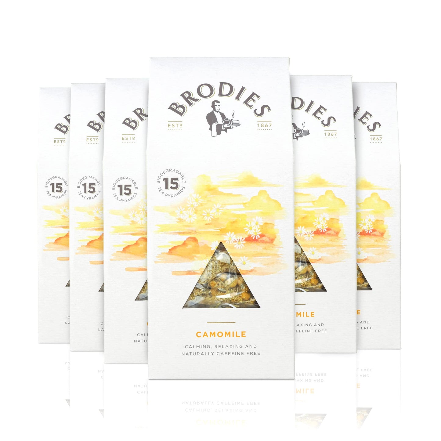 Brodies - Camomile in Biodegradable Pyramid Bags - 100% Natural Eco-Friendly and Sustainably Sourced - 6 Boxes Of 15 Tea Bags - Total Of 90 Plastic